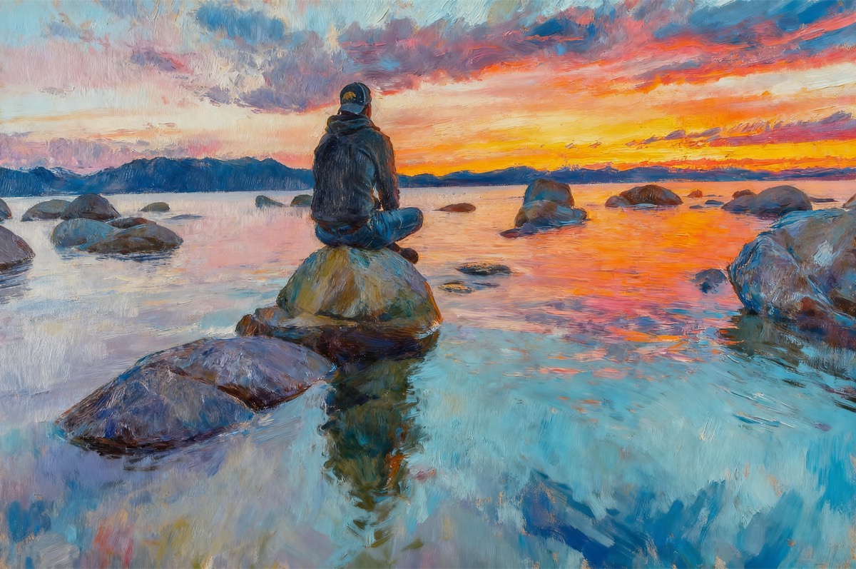 Figure seated on a rock surrounded by open water and hills