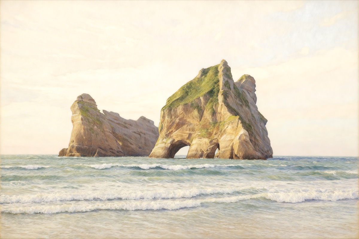 Sea rock rising from deep blue water beneath an open sky