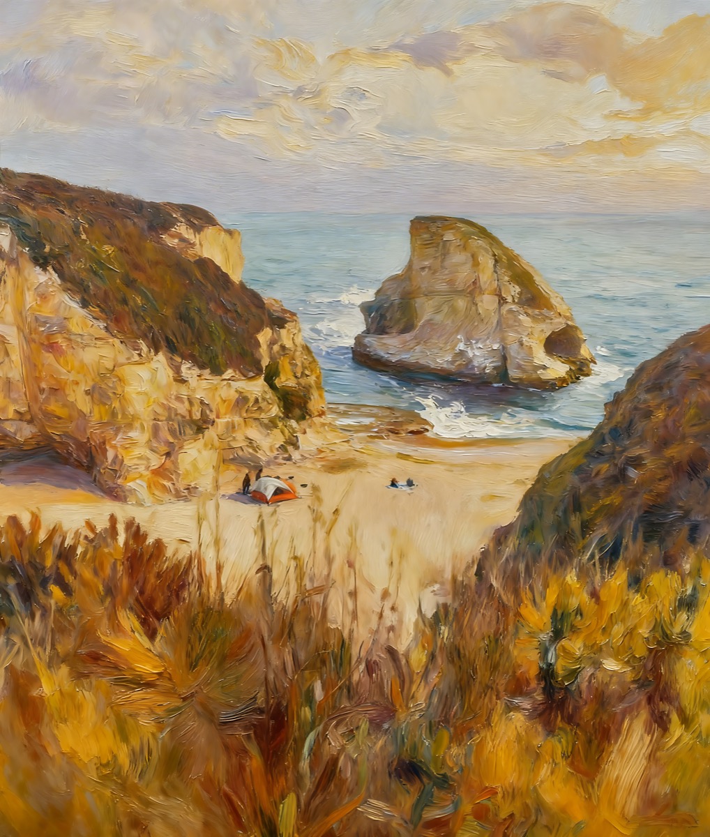 Beach tent near the shoreline under soft clouds