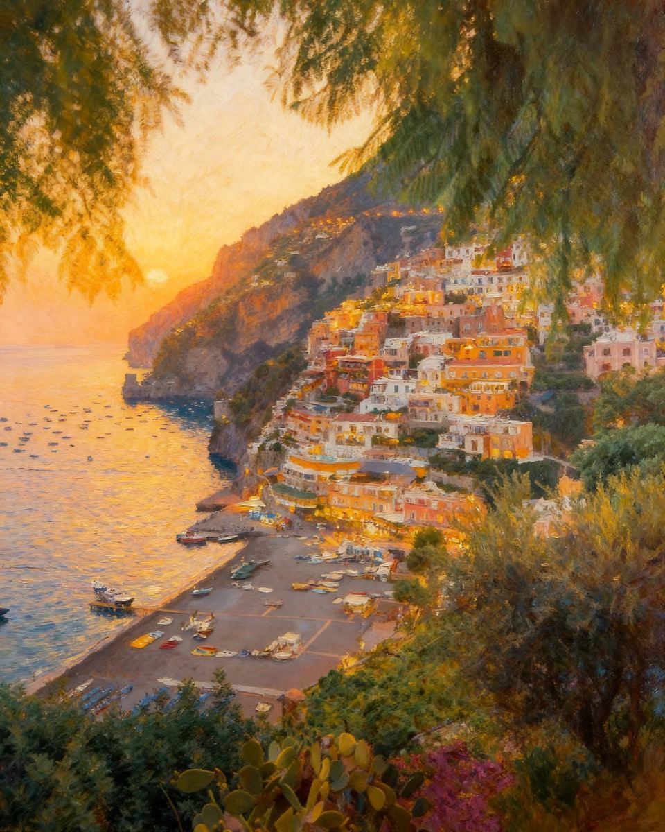 Amalfi Coast town glowing at sunset above the water