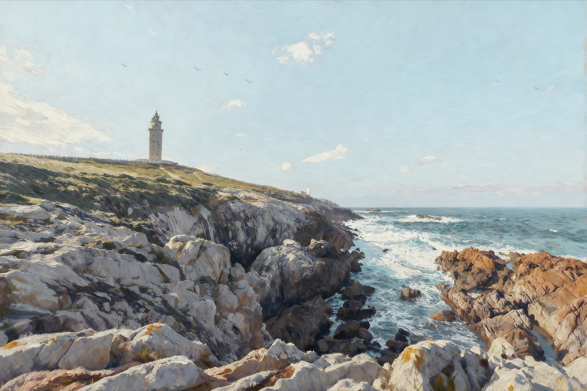 Lighthouse on a rocky cliff with open water below