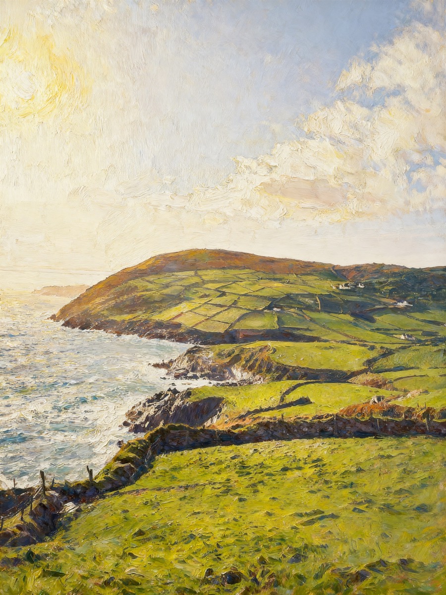 Thatched cottage above a coastal cliff under white clouds