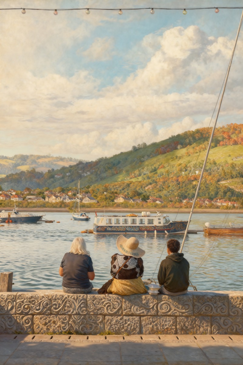 Three figures looking across a harbor and calm coastal water