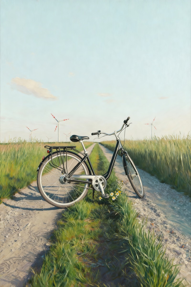 Bicycle on a dirt road with windmills in the distance