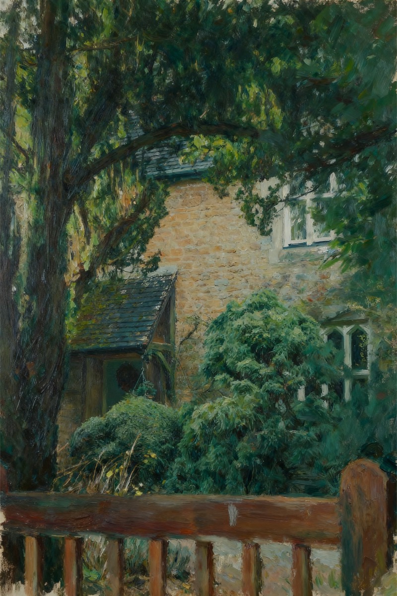 Cat perched on a wooden fence before a country house