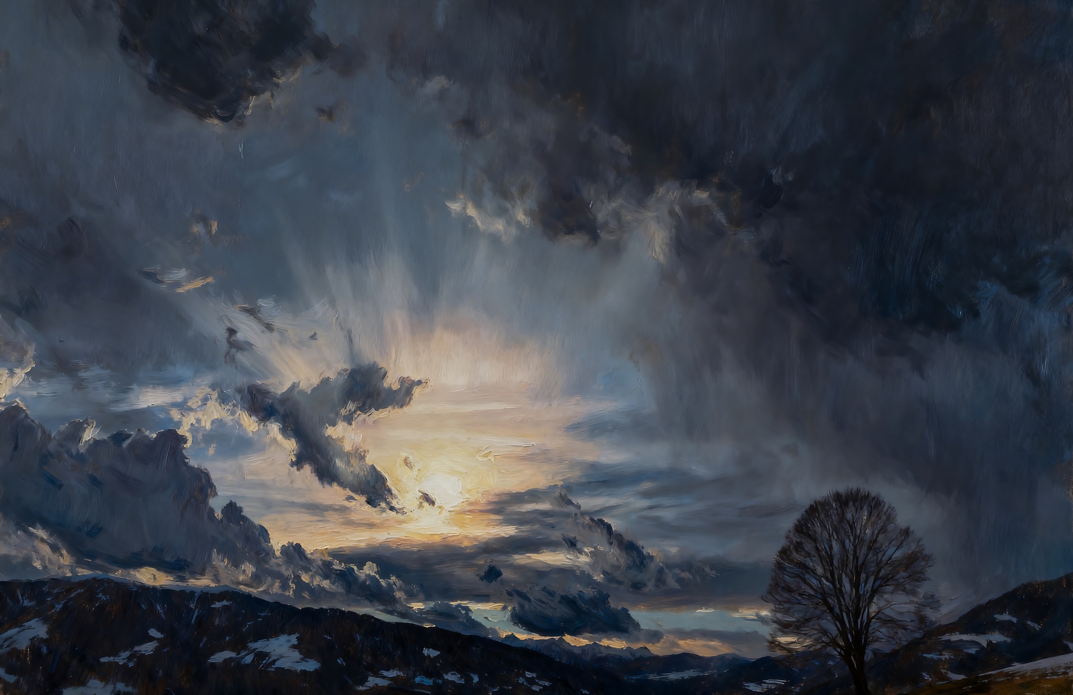 Dramatic sky over a lone tree and dark hills at sunset