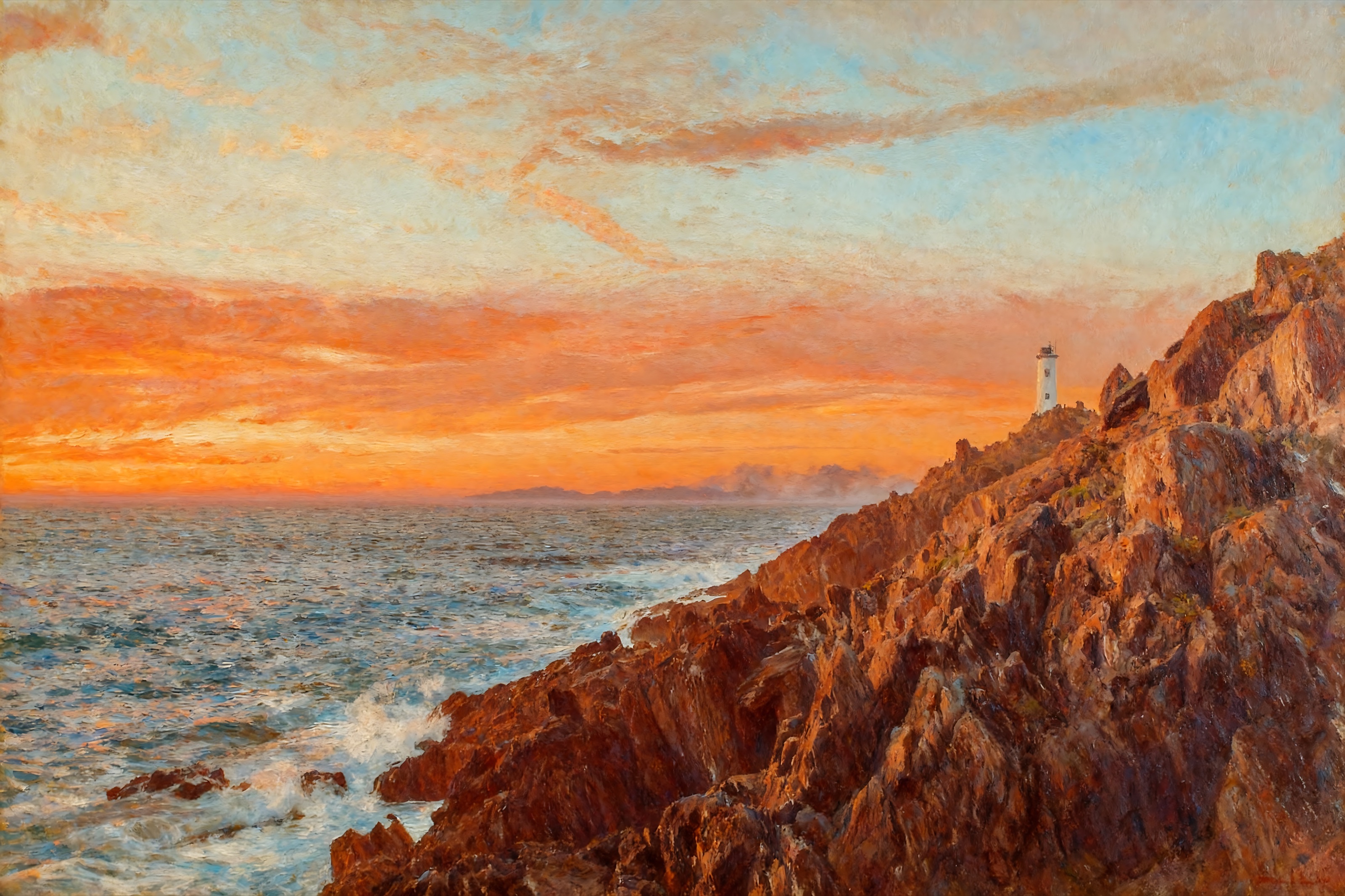 Lighthouse on a rocky cliff above the sea at sunset
