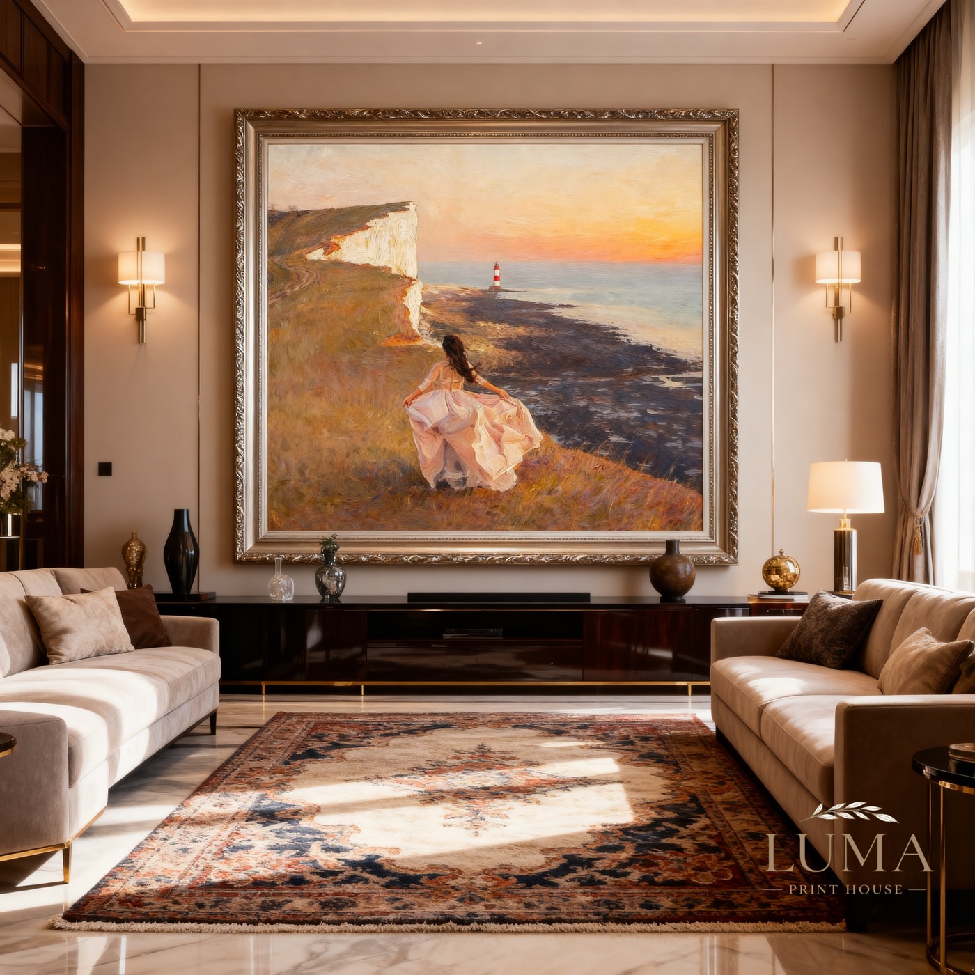 Coastal cliff artwork displayed in a warm, elegant interior