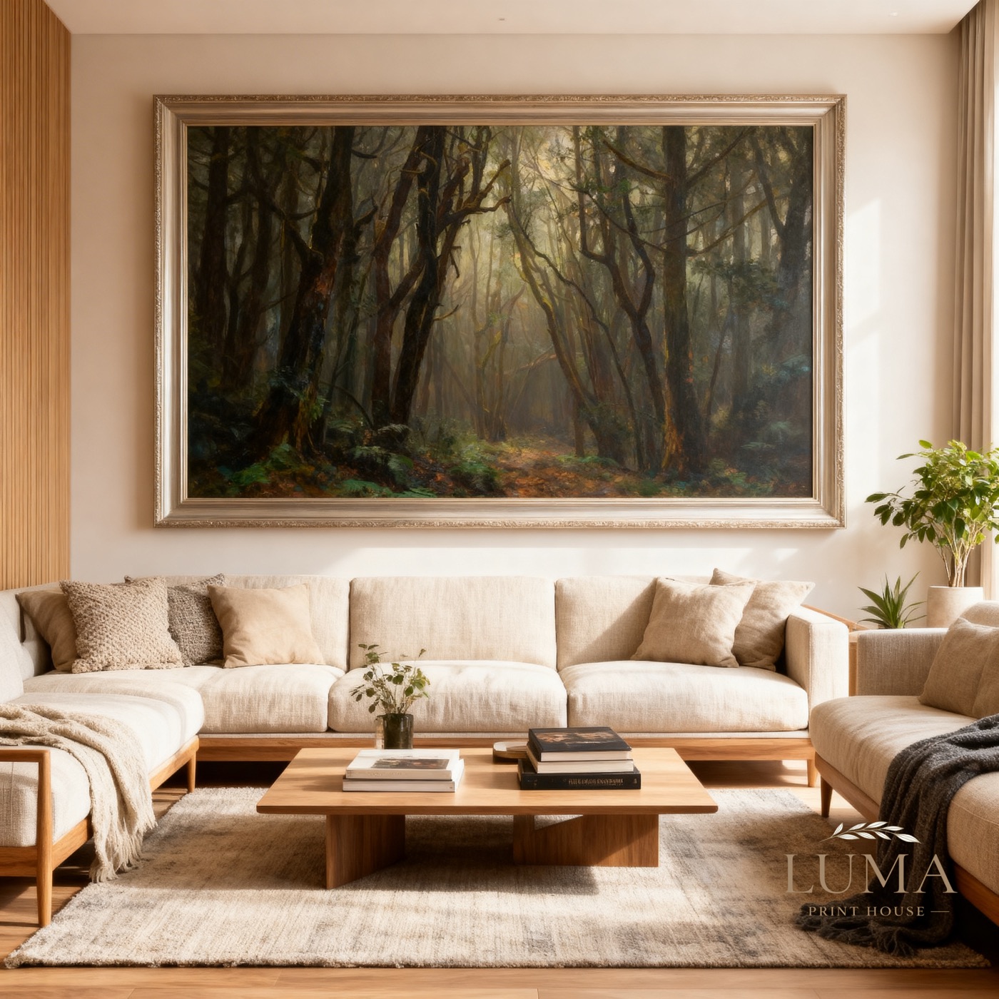 Dark and moody forest artwork framed above a neutral sofa