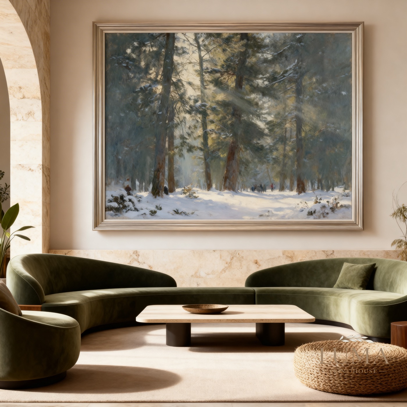 Snowy forest artwork framed in a contemporary living room